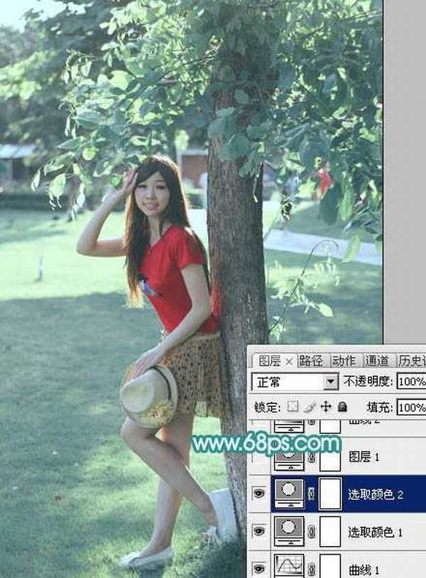 Photoshop为树荫下的美女图片加上清爽的青绿色