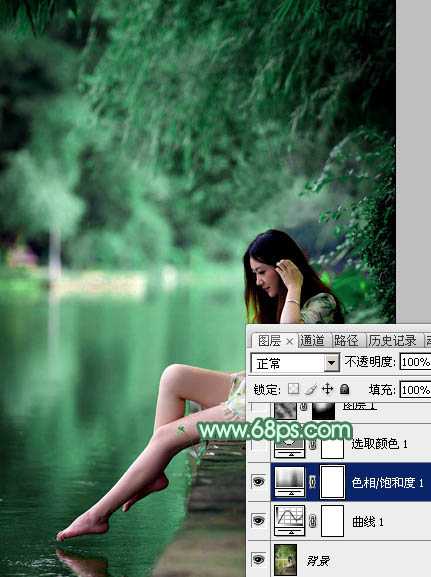 Photoshop将较暗的黄绿色湖景美女图片打造梦幻的青绿色