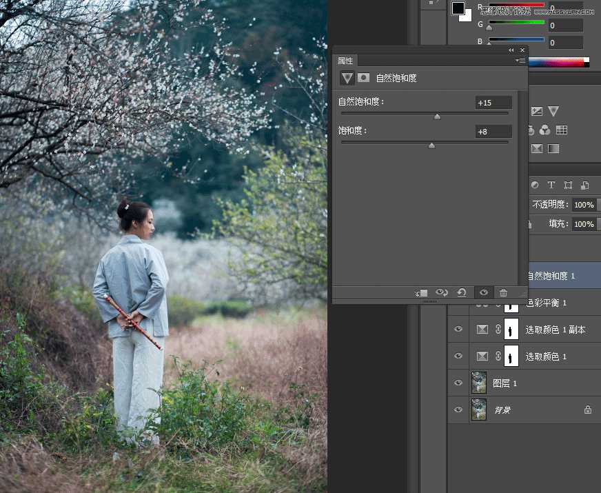 Photoshop调出外景梅花人像中国风冷色效果